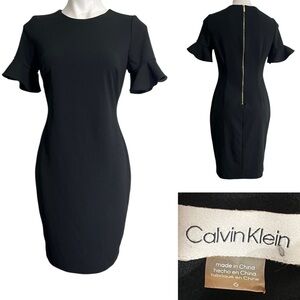 Calvin Klein dress sz 6 Black short Ruffle Sleeves knee length office church